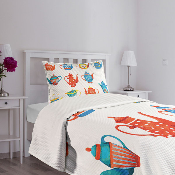 Ambesonne Tea Party Bedspread Set Teapots Design Blue Vermilion Yellow